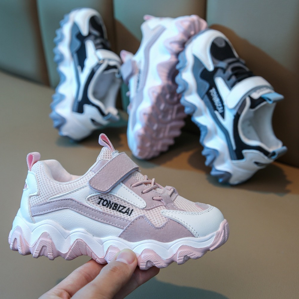 Spring and Summer New Sports Children's Leather Wave Bottom Mesh Breathable Casual Shoes