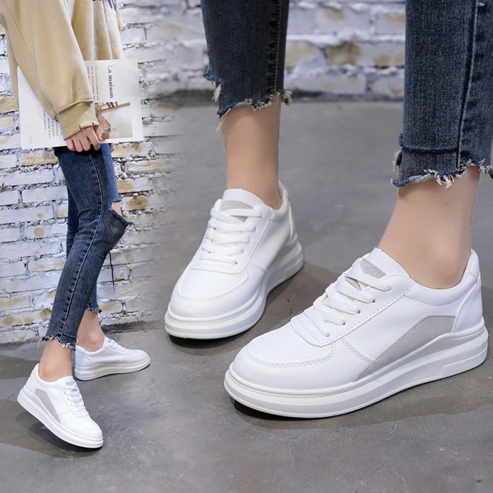 Spring And Summer New White Shoes Women Breathable Leather Thick-Soled Casual Sports Running Shoes
